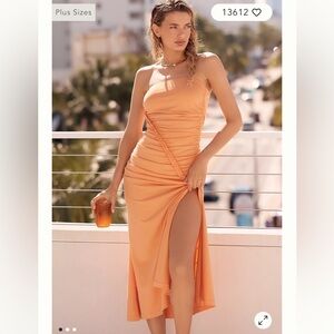 Strapless Peachy Orange Ruched Tube Dress by Celandine SZ M